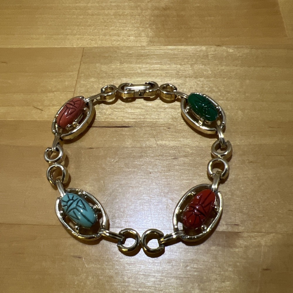 Vintage Scarabs Bracelet Egyptian Revival Gold Tone